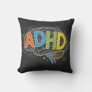 ADHD Awareness Colorful Brain Word Illustration Throw Pillow