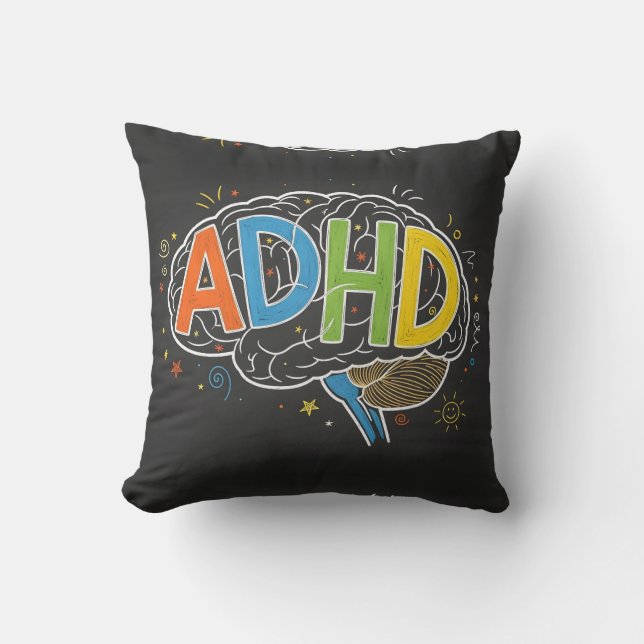 ADHD Awareness Colorful Brain Word Illustration Throw Pillow (Front)
