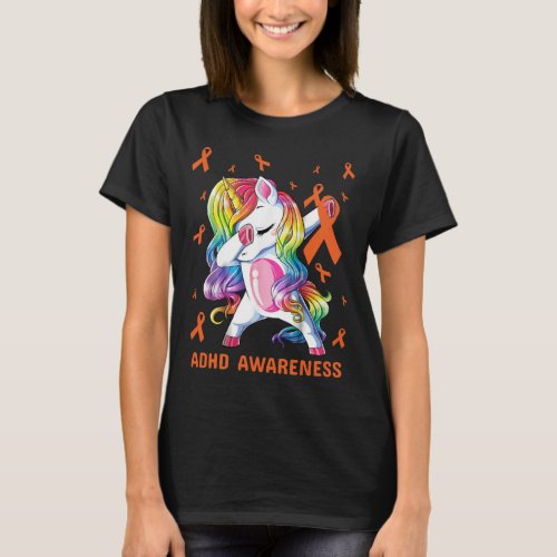 ADHD awareness unicorn dabbing orange ribbon T_Shirt