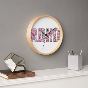 ADHD Brain Letters - Pink & Beige Anatomy Text Art Clock