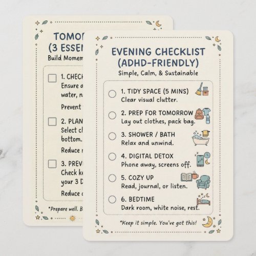 ADHD Evening Routine Checklist Simple Calming Card