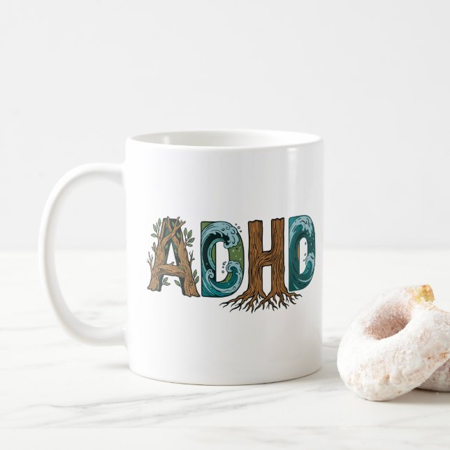 ADHD Nature Elements Typography Design Coffee Mug (With Donut)