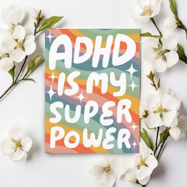 ADHD Super Power Fun Bubble Letters CUSTOM  Postcard (Cute handmade handlettering ADHD superpower uplifting postcard with rainbow colors)