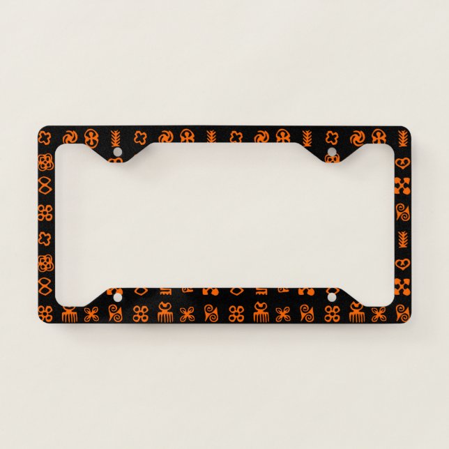 Adinkra Symbols in Orange And Black License Plate Frame (Front)