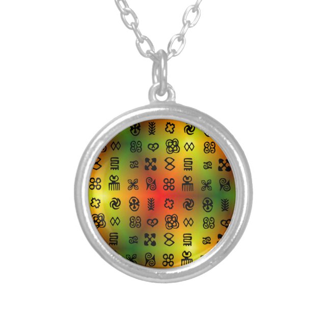 Adinkra Symbols With African Colors Silver Plated Necklace (Front)
