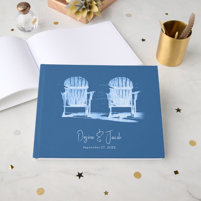 Adirondack Beach Chairs Azure Blue White Wedding Guest Book (Front Open)