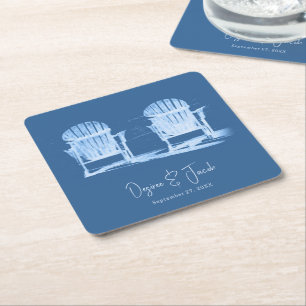 Adirondack Beach Chairs Azure Blue White Wedding Square Paper Coaster