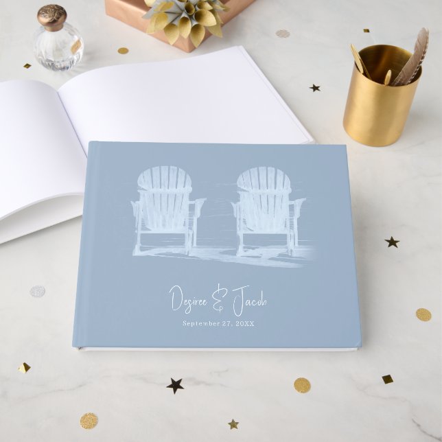Adirondack Beach Chairs Dusty Blue White Wedding Guest Book (Front Open)