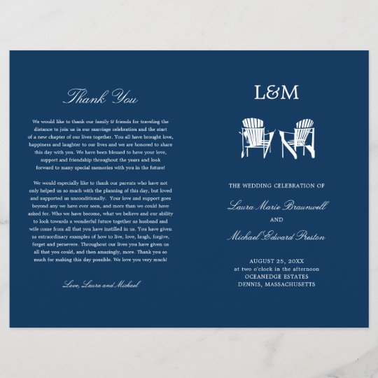 Adirondack Beach Chairs Navy Blue Wedding Program