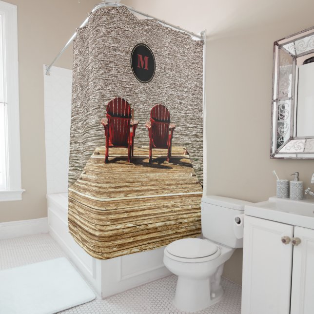 Adirondack Beach Chairs Red Rustic Monogram Shower Curtain (In Situ)