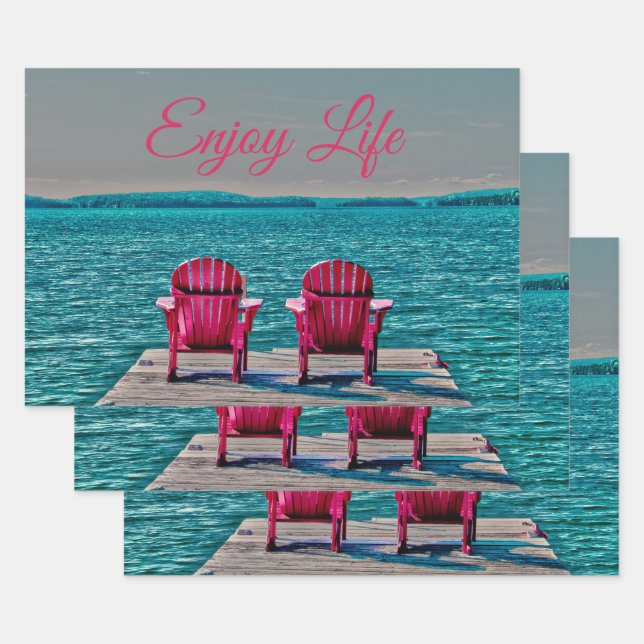 Adirondack Beach Chairs Rustic Teal Enjoy Life Wrapping Paper Sheets (Set)