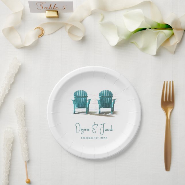 Adirondack Beach Chairs White Teal Wedding Paper Plates (Wedding)