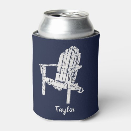 Adirondack Chair White and Navy Blue Personalized Can Cooler