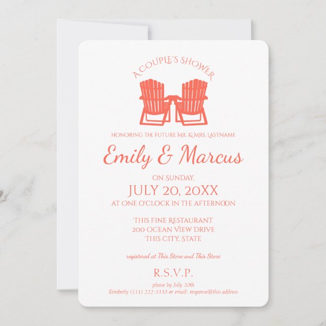 Adirondack Chairs Coral Couple's Shower Invitation (Front)