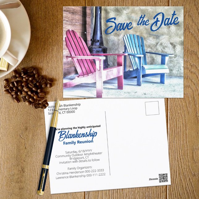 Adirondack Chairs Family Reunion Add Your Photo  Postcard (This cozy corner family reunion designed SAVE THE DATE announcement also serves as an invitation. )