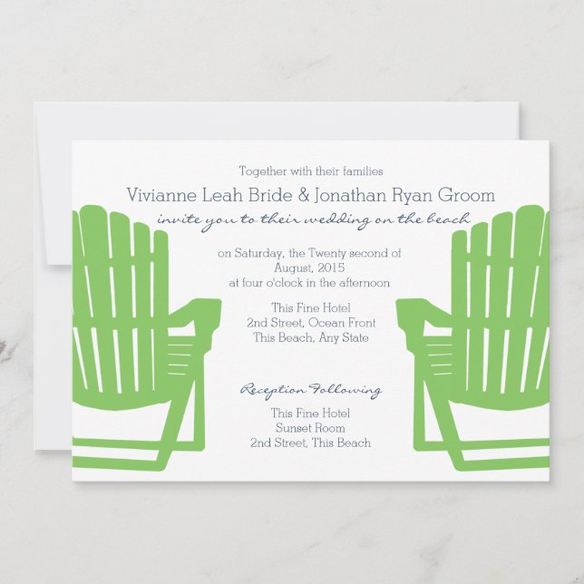 Adirondack Chairs Lime and Navy Beach Wedding Invitation (Front)