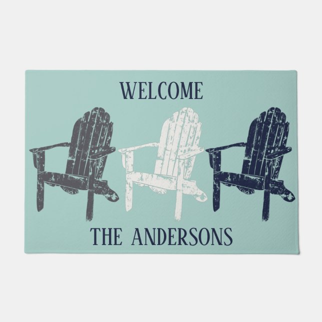 Adirondack Chairs Navy Blue and Aqua Personalized Doormat (Front)