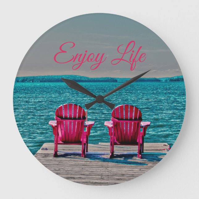 Adirondack Chairs Rustic Cottage Enjoy Life Quote Large Clock (Front)