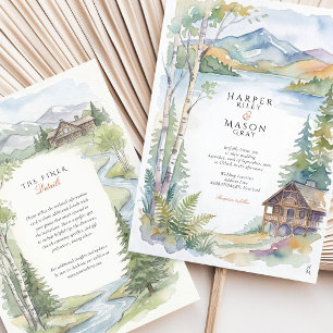 Adirondack Mountain Lake Watercolor Forest Wedding Invitation