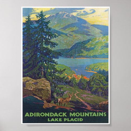 Adirondack Mountains Lake Placid Vintage Travel Poster