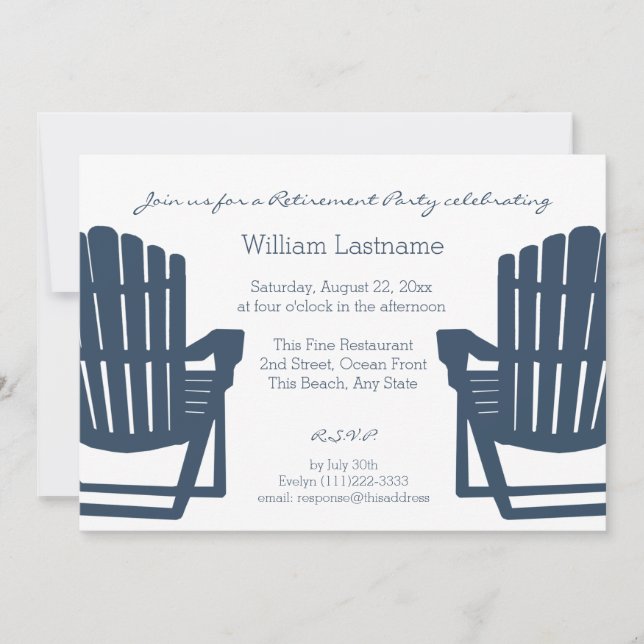 Adirondack Navy Blue Beach Chairs Retirement Party Invitation (Front)