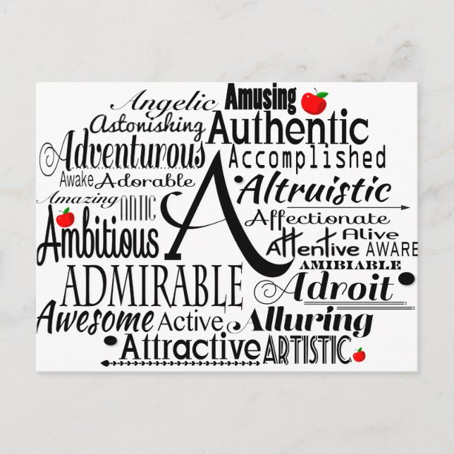 Adjective Word Cloud beginning with letter A Postcard (Front)