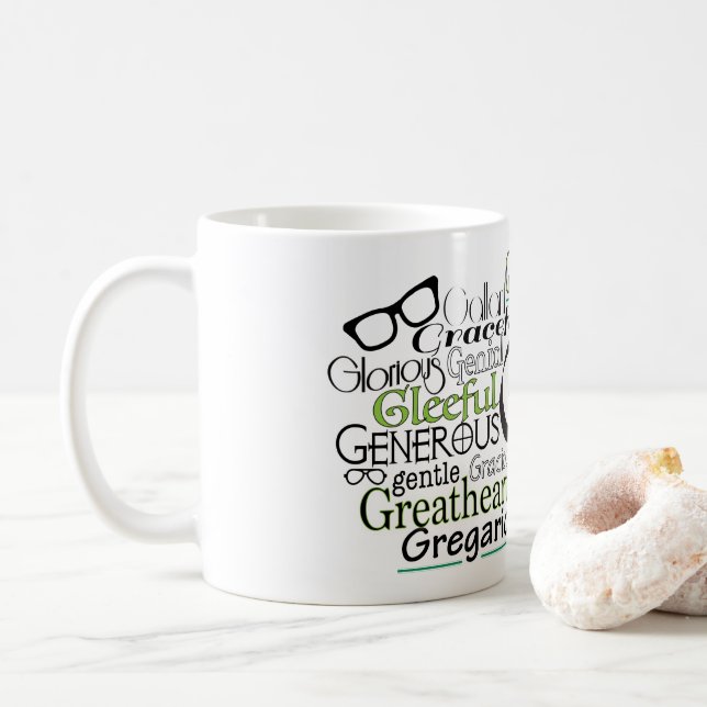 Adjective Word Cloud beginning with letter G Coffee Mug (With Donut)
