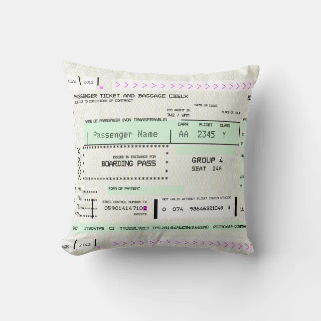 Adjust This Airline Boarding Ticket Throw Pillow (Front)