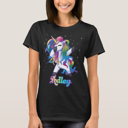 ADLEY Name Personalized Custom Rainbow Unicorn Dab T_Shirt