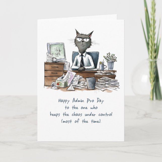 Admin Pro Day Funny Man Cat at Desk with Papers Card (Front)