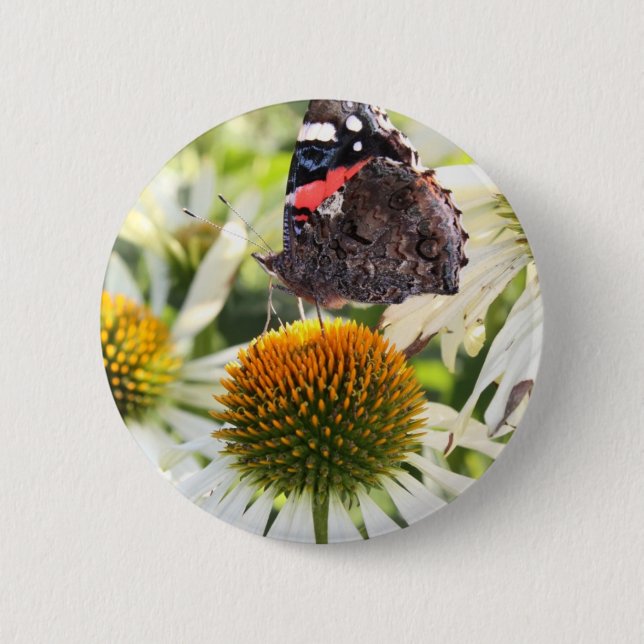 Admiral Butterfly on Flower Pinback Button (Front)