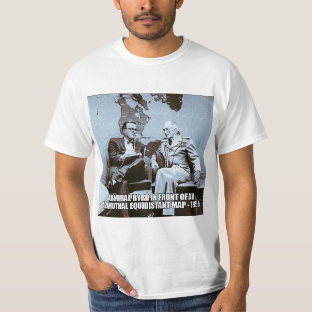 Admiral Byrd in front of flat Earth map T-Shirt (Front)