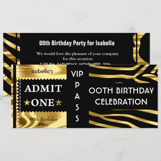 Admission Birthday Party Zebra Gold Black Invitation (Front/Back)