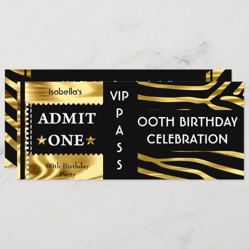 Admission Birthday Party Zebra Gold Black Invitation