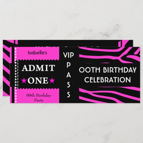 Admission Birthday Party Zebra Hot Pink Black Invitation