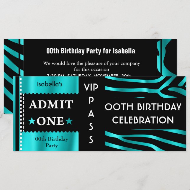 Admission Birthday Party Zebra Teal Blue Black Invitation (Front/Back)