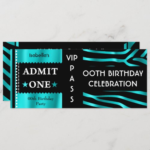 Admission Birthday Party Zebra Teal Blue Black Invitation