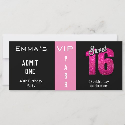 Admission Ticket 16th Birthday Party Pink  Black Invitation