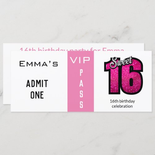 Admission Ticket 16th Birthday Party Pink  White Invitation