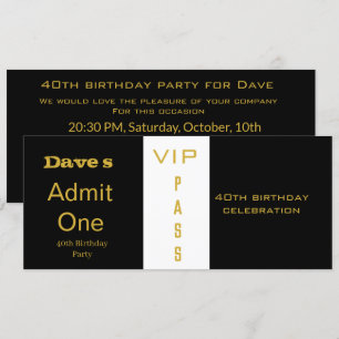 Admission Ticket Any Age Birthday Black and Gold Invitation