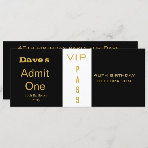 Admission Ticket Any Age Birthday Black and Gold Invitation