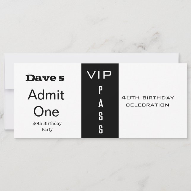 Admission Ticket Any Age Birthday Black & White Invitation (Front)