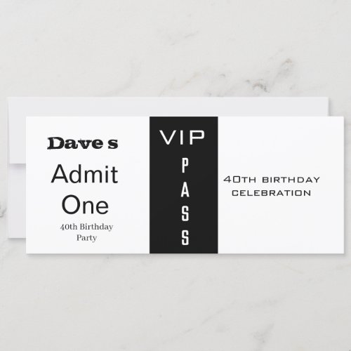 Admission Ticket Any Age Birthday Black  White Invitation