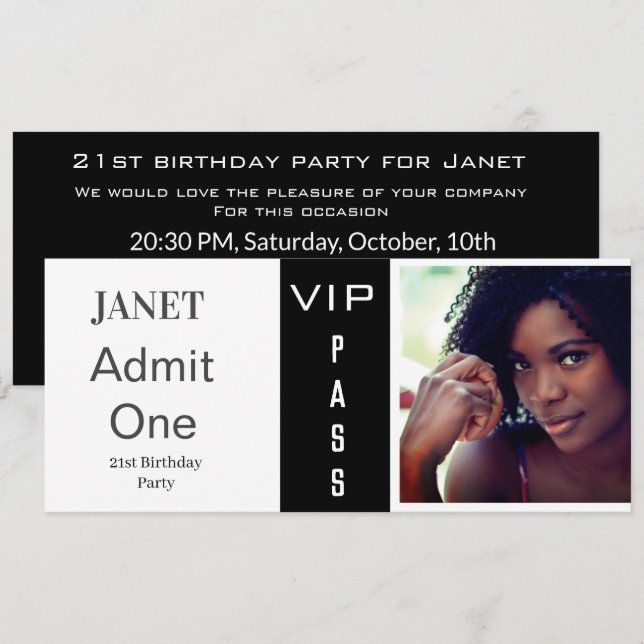Admission Ticket Any Age Birthday Photo Black Invitation (Front/Back)