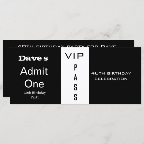 Admission Ticket Any Age Birthday White and Black Invitation