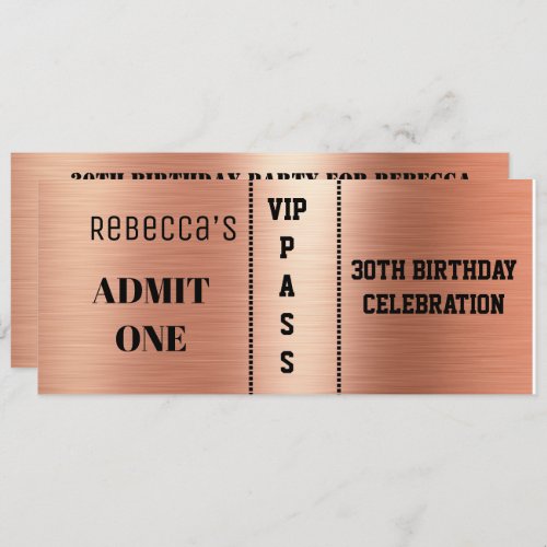 Admission Ticket Birthday Party Black Rose Gold  Invitation