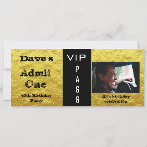 Admission Ticket Birthday Party Gold  Black Photo Invitation