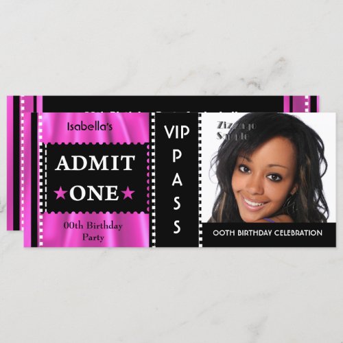 Admission Ticket Birthday Party Photo Pink Black Invitation