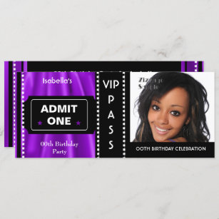 Admission Ticket Birthday Party Photo Purple Black Invitation
