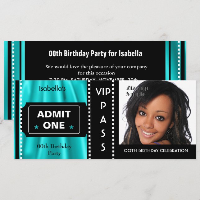 Admission Ticket Birthday Party Photo Teal Black Invitation (Front/Back)